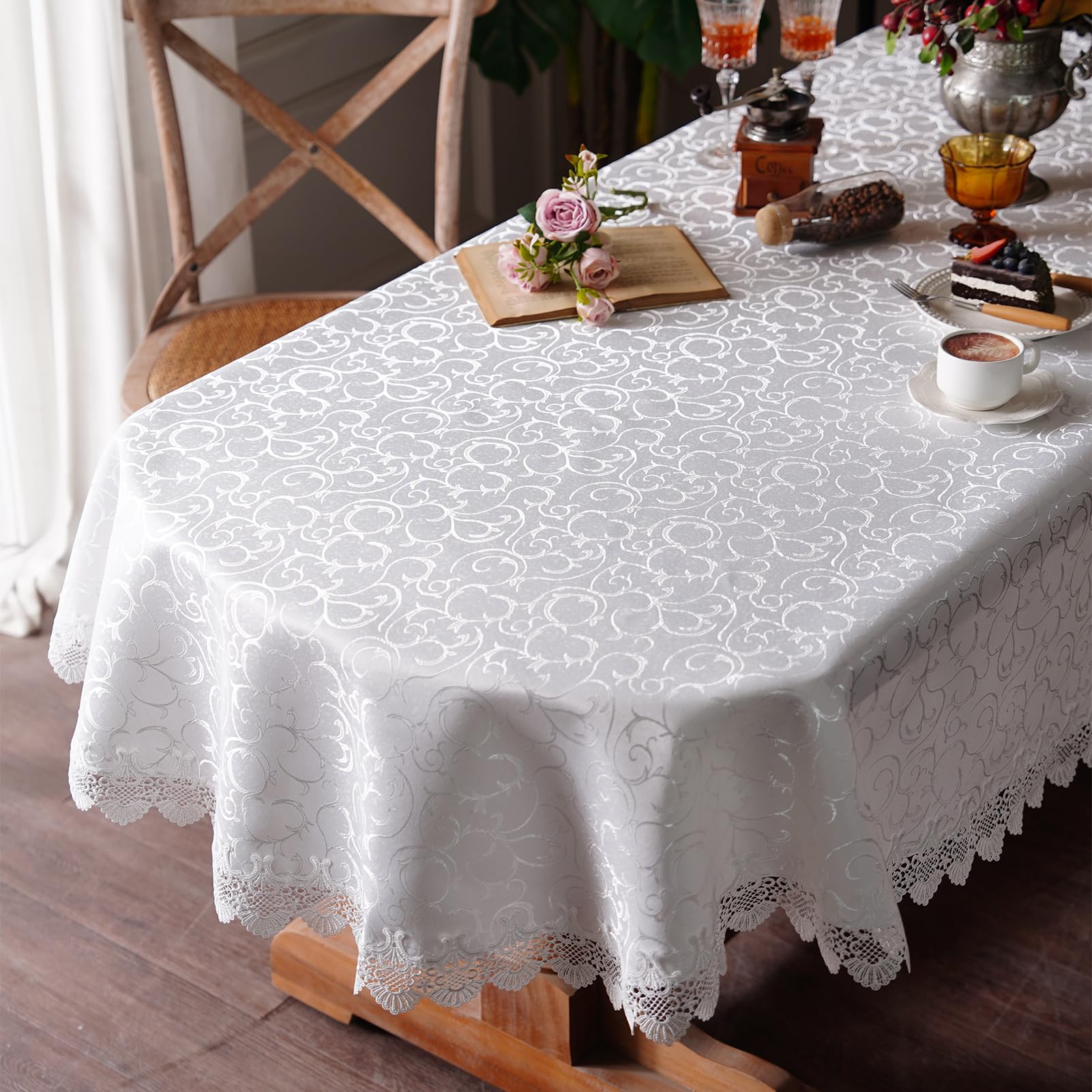 White Round Tablecloth Jacquard Table Cloth with Exquisite Lace Border Farmhouse Tablecloths Fall for Dining Wedding Coffee Outdoor Indoor Party Holiday Tabletop Use (White, 70 Inches Round)